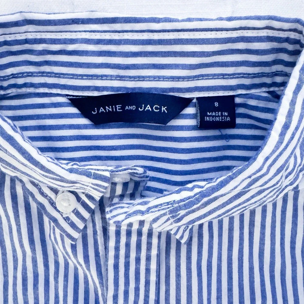 Janie And Jack Boys Size 8 Cotton Button Down  Shirt Long Sleeve Stripe Blue